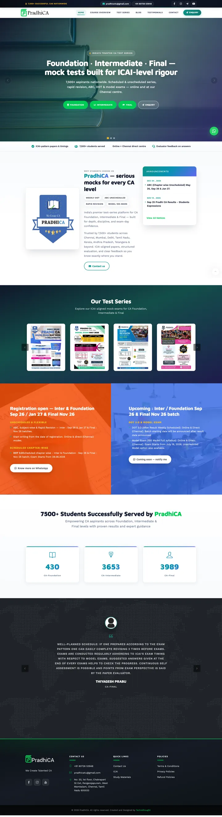 Screenshot of PradhiCA’s home page, top to bottom