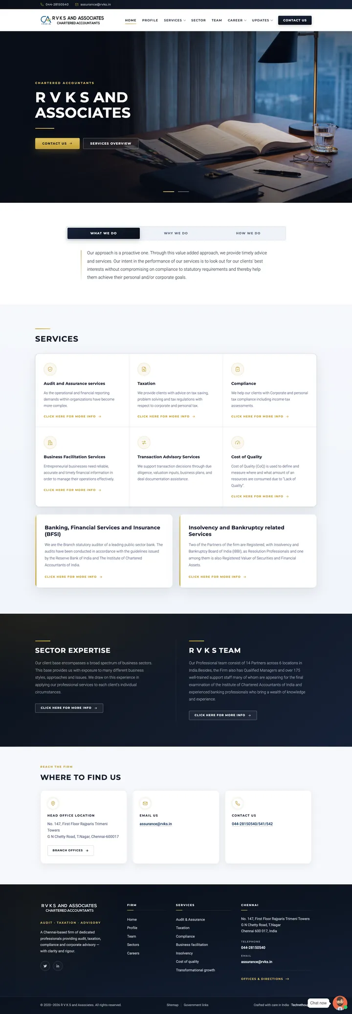 Screenshot of RVKS & Associates’ home page, top to bottom