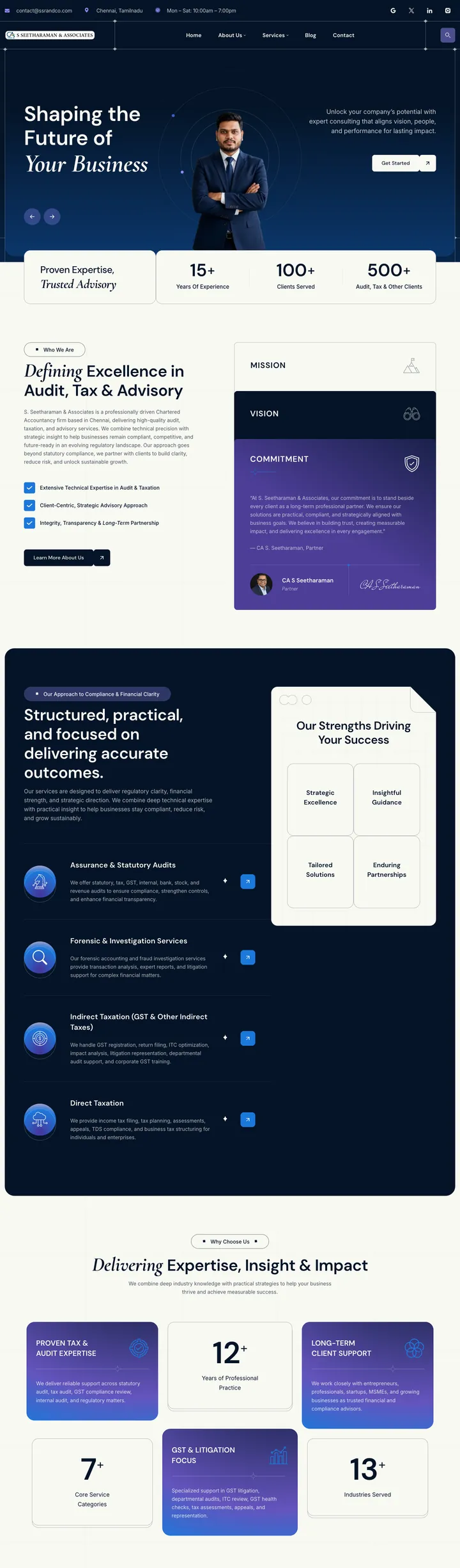 Screenshot of S. Seetharaman & Associates’ home page, top to bottom