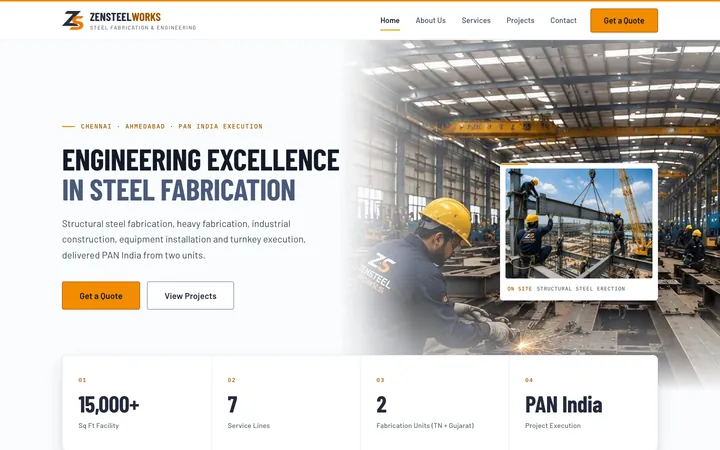 Screenshot of Zensteel Works’ website home page