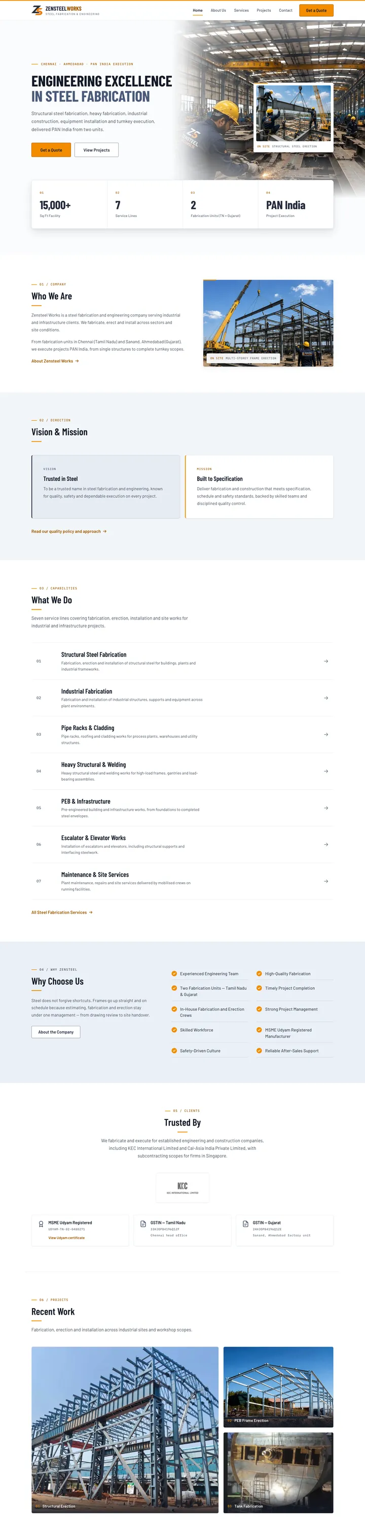 Screenshot of Zensteel Works’ home page, top to bottom