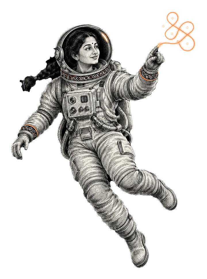 Engraved illustration of an astronaut drawing a glowing orange kolam in space with her fingertip